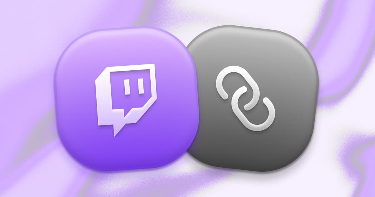 A phone showing several link-in-bio tools side by side with a Twitch stream in the background